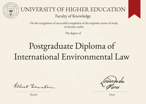 Postgraduate Diploma of International Environmental Law (PGDIEL) program/course/degree certificate example
