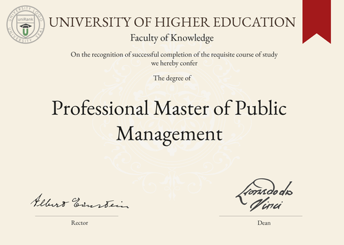 Professional Master of Public Management (M.P.M.) program/course/degree certificate example