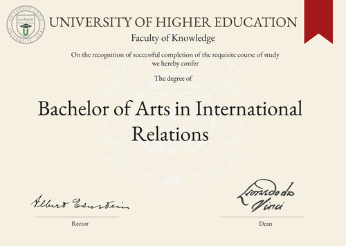Bachelor of Arts in International Relations (BA in International Relations) program/course/degree certificate example
