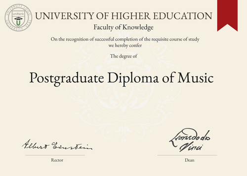 Postgraduate Diploma of Music (PGDipMus) program/course/degree certificate example