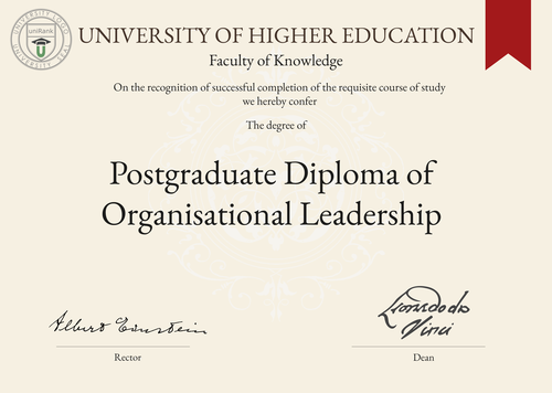 Postgraduate Diploma of Organisational Leadership (PGDOL) program/course/degree certificate example