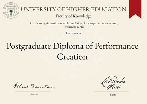 Postgraduate Diploma of Performance Creation (PGDPC) program/course/degree certificate example