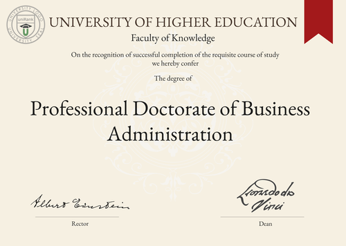 Professional Doctorate of Business Administration (DBA) program/course/degree certificate example