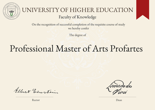 Professional Master of Arts Profartes (MA Profartes) program/course/degree certificate example