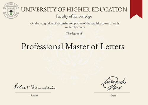 Professional Master of Letters (M.Litt.) program/course/degree certificate example
