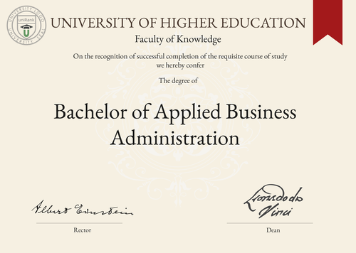 Bachelor of Applied Business Administration (BABA) program/course/degree certificate example