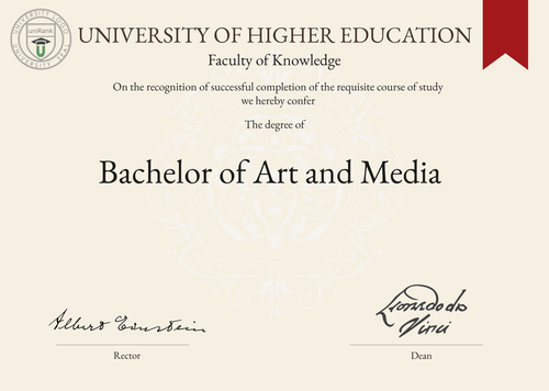 Bachelor of Art and Media (BA in Art and Media) program/course/degree certificate example