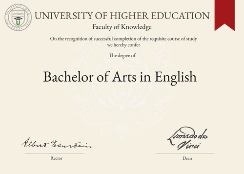 Bachelor of Arts in English (BA in English) program/course/degree certificate example