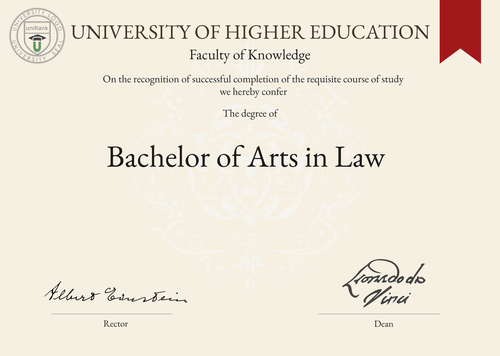 Bachelor of Arts in Law (BA Law) program/course/degree certificate example