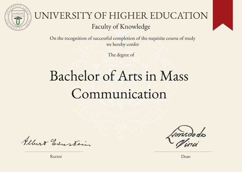 Bachelor of Arts in Mass Communication (BA in Mass Communication) program/course/degree certificate example
