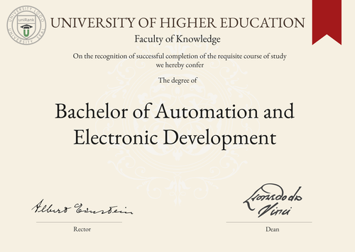 Bachelor of Automation and Electronic Development (B.AED) program/course/degree certificate example