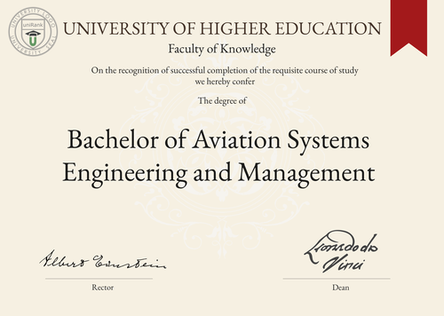 Bachelor of Aviation Systems Engineering and Management (BASc in Aviation Systems Engineering and Management) program/course/degree certificate example