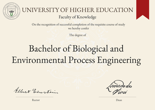 Bachelor of Biological and Environmental Process Engineering (B.BEPE) program/course/degree certificate example