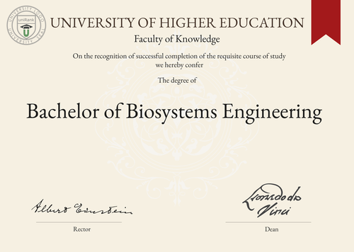 Bachelor of Biosystems Engineering (B.E. in Biosystems Engineering) program/course/degree certificate example