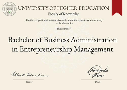 Bachelor of Business Administration in Entrepreneurship Management (BBA in Entrepreneurship Management) program/course/degree certificate example