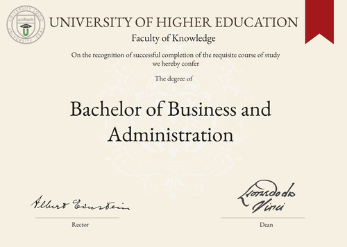 Bachelor of Business and Administration (BBA) program/course/degree certificate example