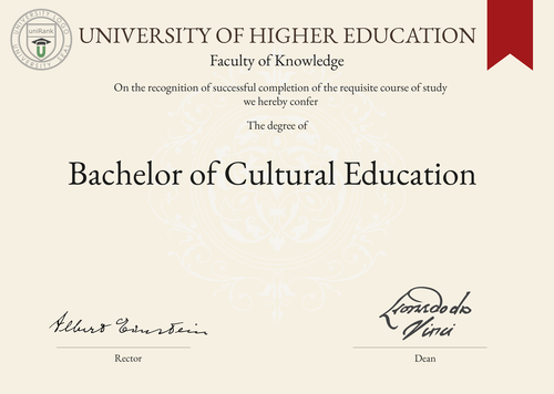 Bachelor of Cultural Education (BCE) program/course/degree certificate example