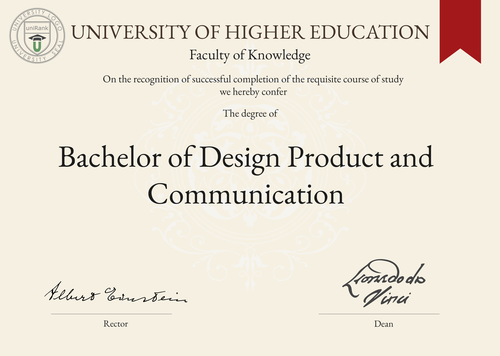 Bachelor of Design Product and Communication (BDes Product and Communication) program/course/degree certificate example