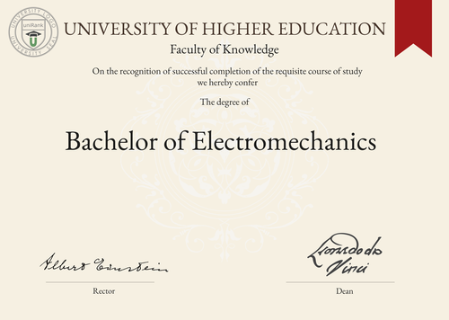 Bachelor of Electromechanics (B.Eng. in Electromechanics) program/course/degree certificate example