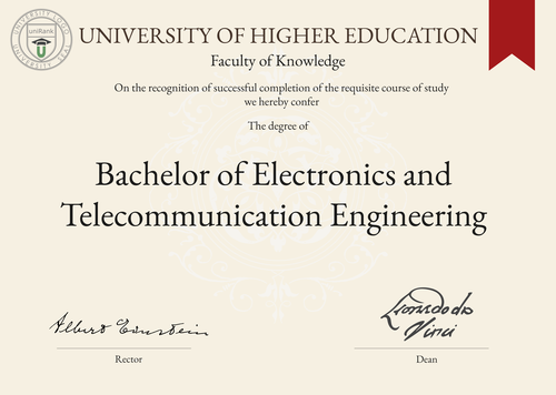 Bachelor of Electronics and Telecommunication Engineering (B.E. in Electronics and Telecommunication Engineering) program/course/degree certificate example