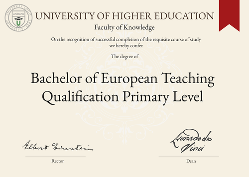 Bachelor of European Teaching Qualification Primary Level (BETQ Primary Level) program/course/degree certificate example