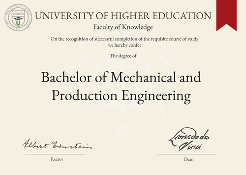 Bachelor of Mechanical and Production Engineering (BME) program/course/degree certificate example