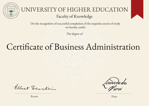 Certificate of Business Administration (CBA) program/course/degree certificate example