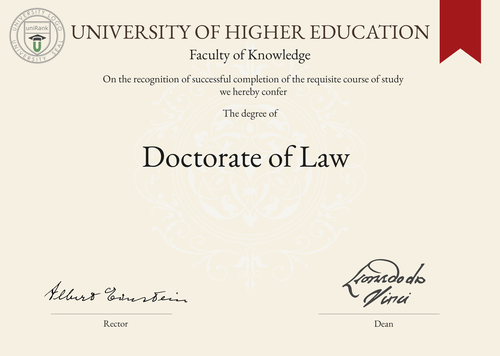 Doctorate of Law (LL.D. (Legum Doctor)) program/course/degree certificate example