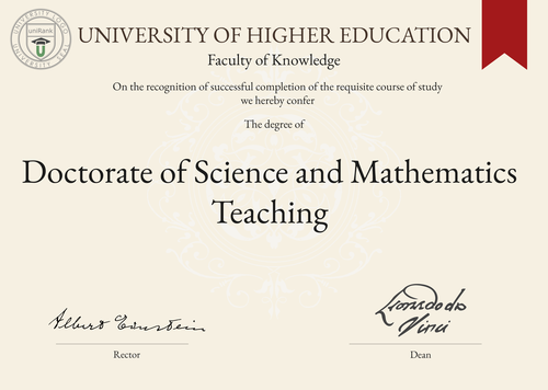 Doctorate of Science and Mathematics Teaching (D.Sc. Math Teaching) program/course/degree certificate example