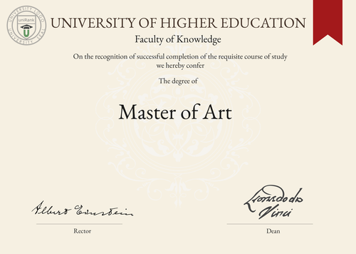 Master of Art (M.A.) program/course/degree certificate example