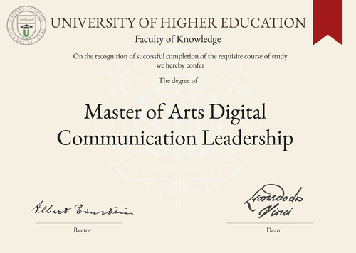 Master of Arts Digital Communication Leadership (MA DCL) program/course/degree certificate example