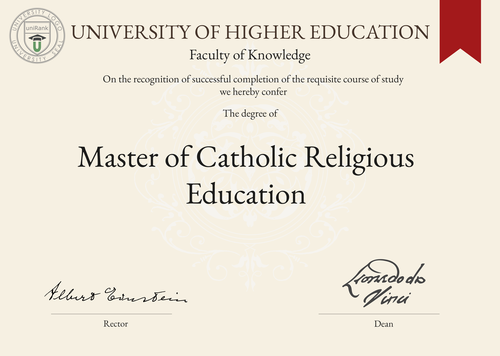 Master of Catholic Religious Education (MCRE) program/course/degree certificate example