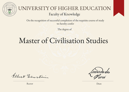 Master of Civilisation Studies (M.Civ.St.) program/course/degree certificate example