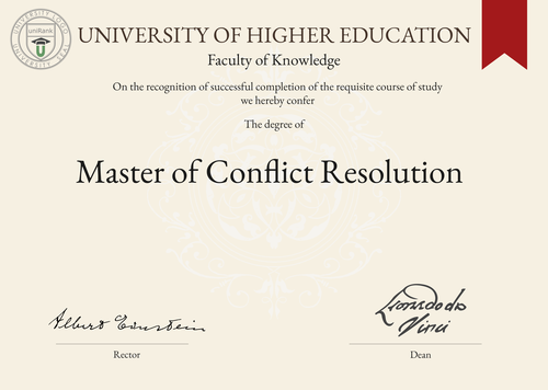 Master of Conflict Resolution (MCR) program/course/degree certificate example
