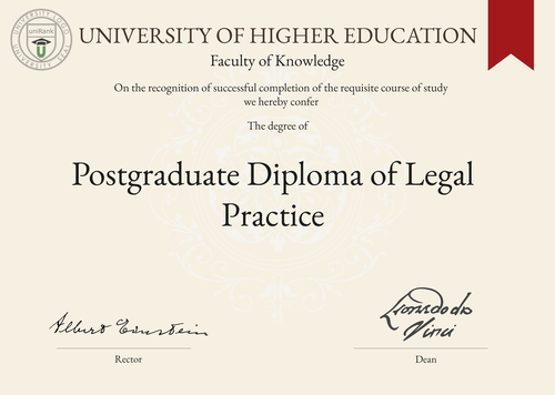 Postgraduate Diploma of Legal Practice (PGDLP) program/course/degree certificate example
