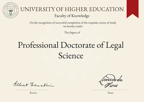 Professional Doctorate of Legal Science (D.L.S.) program/course/degree certificate example